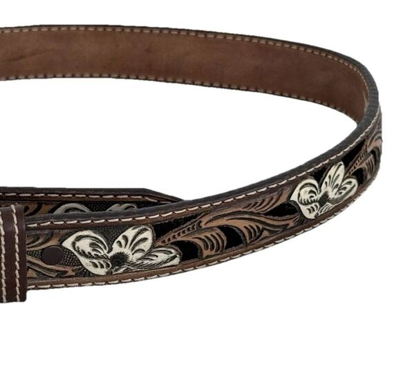 Vintage Nocona Tooled Underlay Leather Belt Brown Western Embossed Floral Sz 30 main image 8
